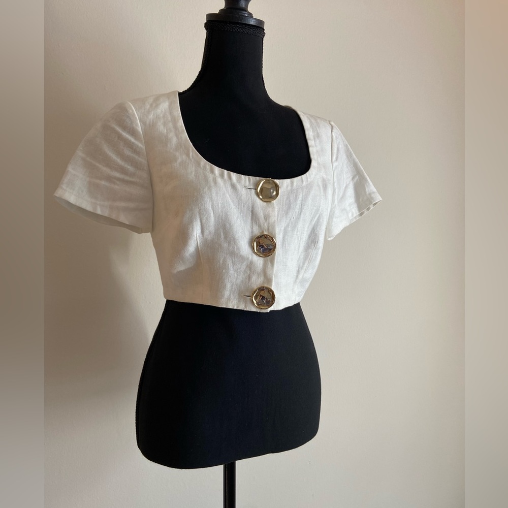 Nicholas Lou Crop Top Linen Cream White Gold Buttons Size 2